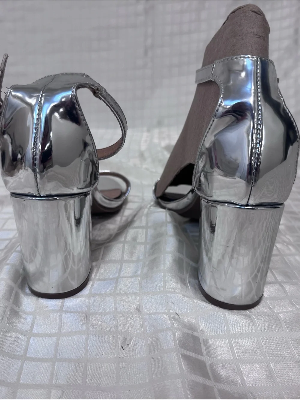 Silver Metallic Ankle-Strap Heels with Matching Clutch